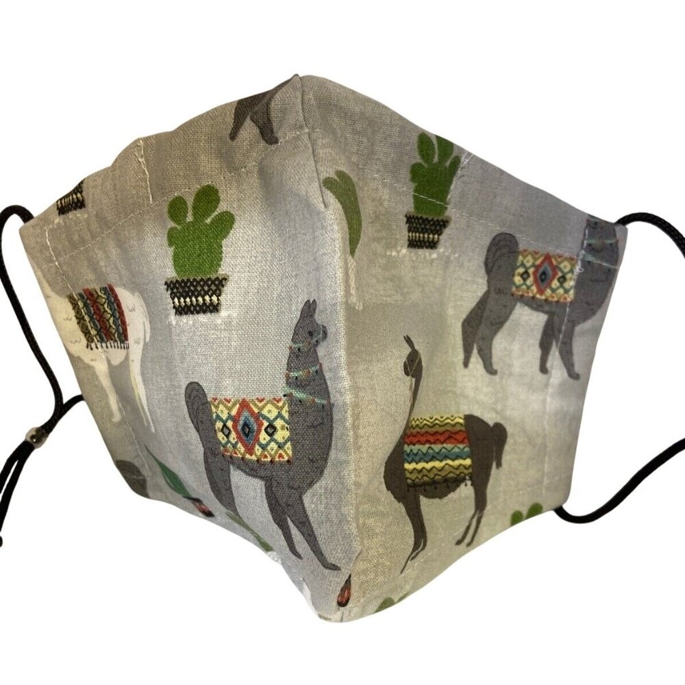 Handmade Face Mask Alpaca Llama Print Adjustable Gray Cotton Blend - Picture 1 of 5
